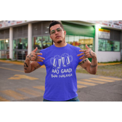 Round Neck - Aaj Gadi Bhai Chalaiga - Blue