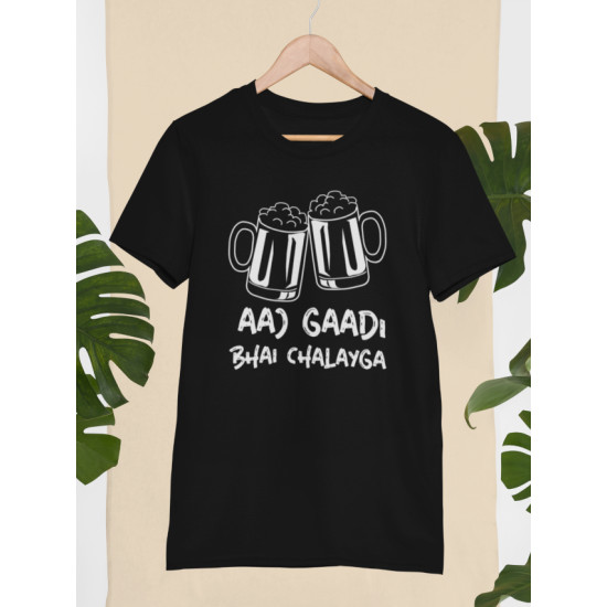 Round Neck - Aaj Gadi Bhai Chalaiga - Black Round Neck - Aaj Gadi Bhai Chalaiga - Black