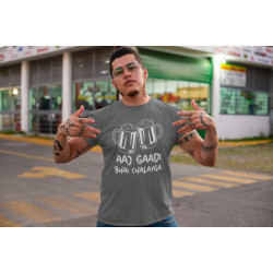 Round Neck - Aaj Gadi Bhai Chalaiga - Grey