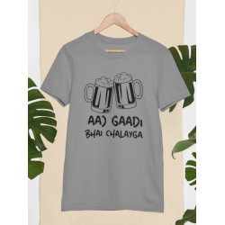Round Neck - Aaj Gadi Bhai Chalaiga - Grey Round Neck - Aaj Gadi Bhai Chalaiga - Grey