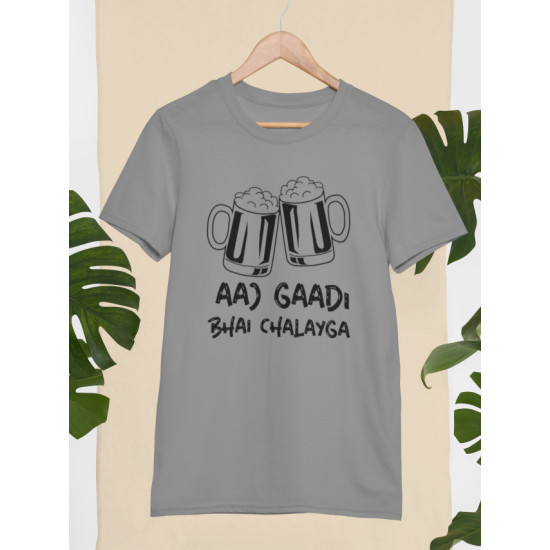 Round Neck - Aaj Gadi Bhai Chalaiga - Grey Round Neck - Aaj Gadi Bhai Chalaiga - Grey
