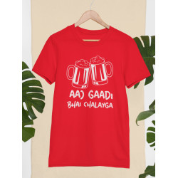 Round Neck - Aaj Gadi Bhai Chalaiga - Red Round Neck - Aaj Gadi Bhai Chalaiga - Red