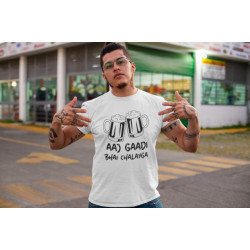 Round Neck - Aaj Gadi Bhai Chalaiga - White